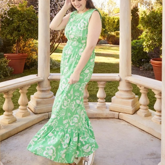 Draper James RSVP Green white vibrant spring Floral linen tiered maxi dress XXL - Picture 8 of 9